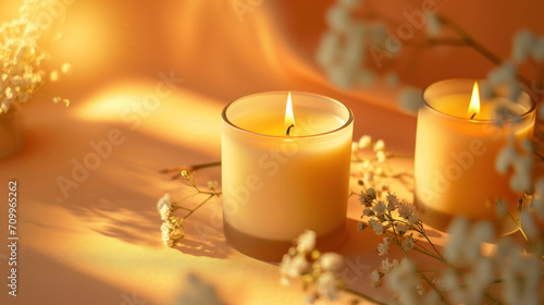 Orange aroma scented candles on orange background 