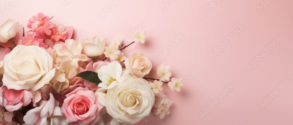 Flowers on pink background with copy space. Flat lay, top view . Springtime Concept. Mothers Day Concept with a Copy Space. Valentine's Day with a Copy Space.	