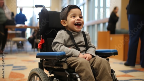 Smile of a disabled child sitting in a wheelchair. AI generated image