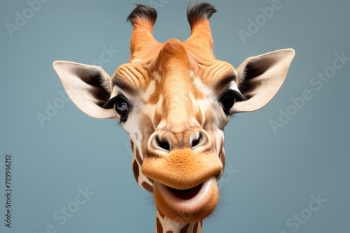 Happy surprised giraffe with open mouth.