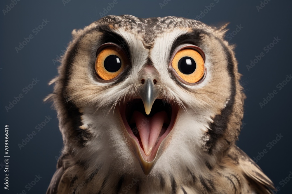 Fototapeta premium Happy surprised owl with open beak.