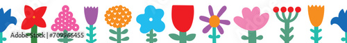 Vector seamless border with bright spring flowers. Cute illustration.