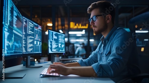 Cybersecurity Analyst Monitoring Data on Multiple Computer Screens in a Dark Office