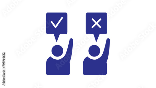 Two person vote by raised hand with speech bubble agree and disagree. Vector icon illustration.