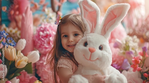  A child joyfully posing with an Easter bunny mascot, surrounded by festive decorations and spring flowers, the HD camera capturing the excitement and magic of the festive celebration