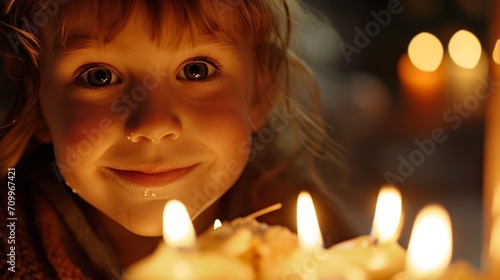 A close-up of a child's face illuminated by the glow of Easter candles, the little one enjoying a festive moment with family