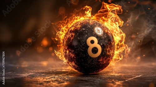8 Ball on fire, dark fantasy, black eight ball snooker ball with flames around it edges and signs of extreme heat, generative ai photo