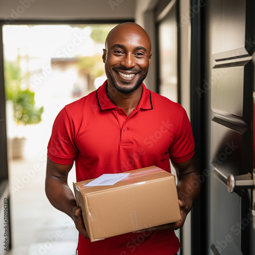 Delivery courier service. Delivery man in red cap and uniform holding a cardboard box near a van truck delivering to customer home © Studio Art