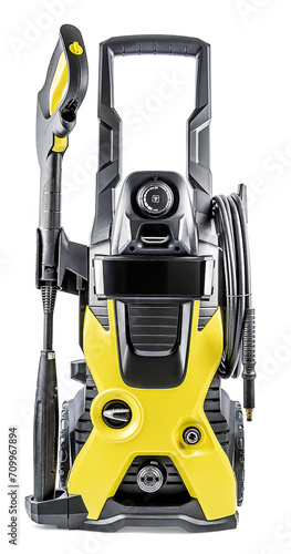 Pressure Washer Isolated on White Background. Professional High-Pressure Tool Car Cleaning Yellow-Black Color. High Pressure Washer Machine. Electric Household Appliances. Front View photo