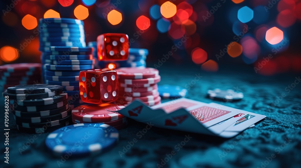 Casino cards game with chips and cubes on dark black background. Flying cards for online casinos and mobile gambling applications, poker - winner, wealth concept, generative ai