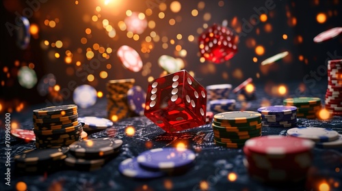 Casino cards game with chips and cubes on dark black background. Flying cards for online casinos and mobile gambling applications, poker - winner, wealth concept, generative ai