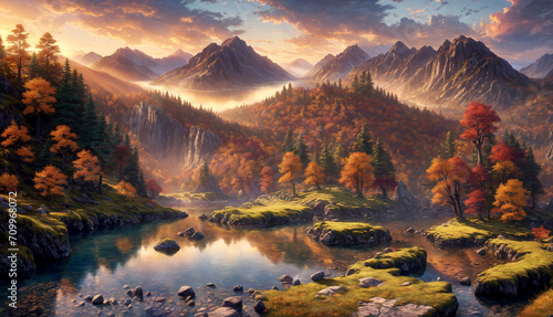 Tranquil body of water surrounded by autumnal trees, mountains, and rocks in the evening sunset with partly cloudy weather