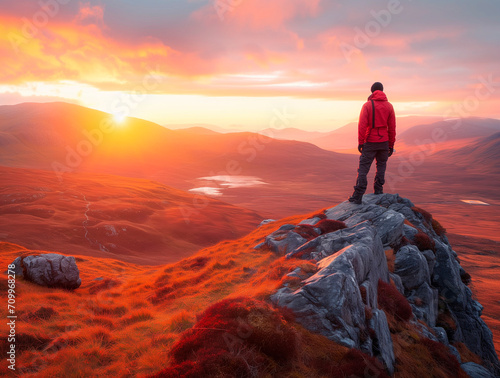A wide angle landscape of the Scottish highlands from an elevated viewpoint at dusk. A lone man dressed in hiking gear and red jacket standing on a rock, looking at the distant horizon.