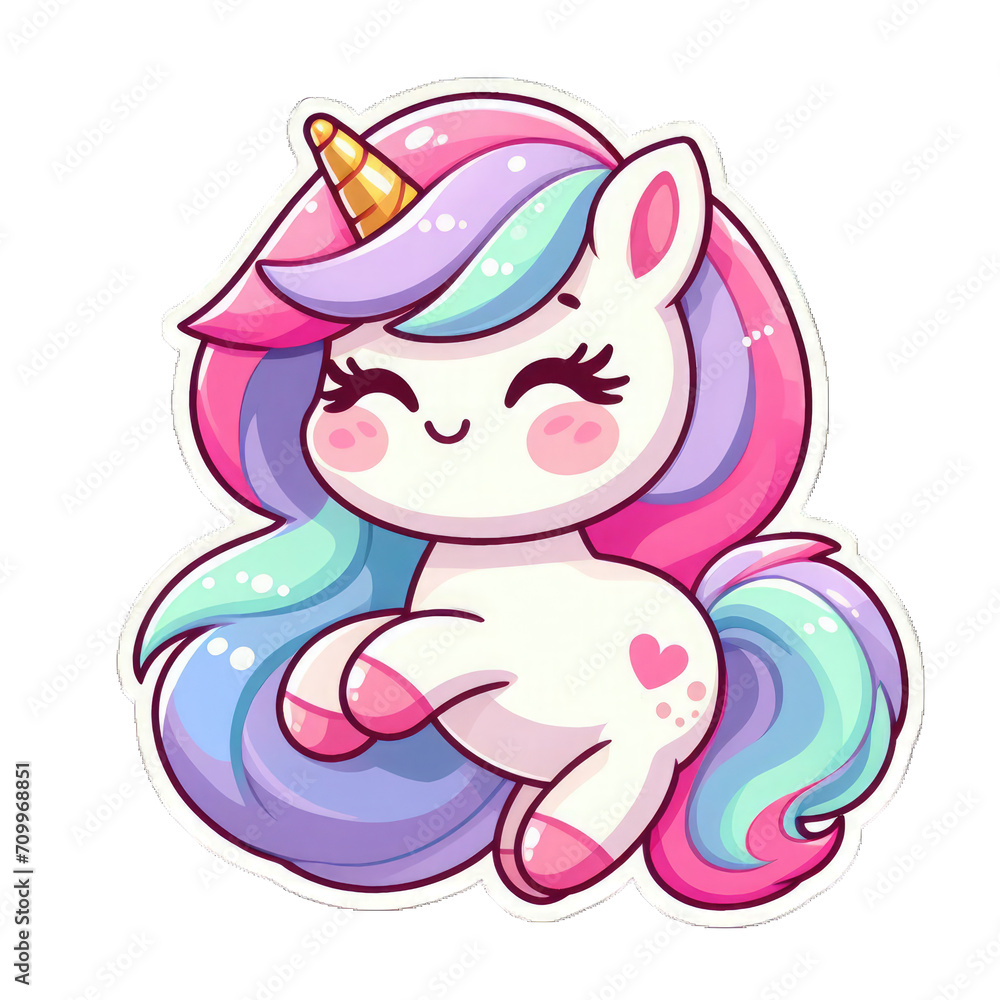 Fototapeta premium Generative AI Cute Little Unicorn Sticker, cute little baby unicorn sticker, cute tiny pegasus stickers, adorable baby stickers, lovely tiny unicorn stickers, cute little rainbow unicorn stickers