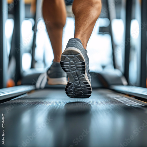 Close up of feet  sportsman runner running on treadmill in fitness club. Cardio workout. Healthy lifestyle  guy training in gym.