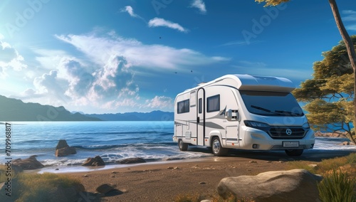 recreational vehicle, located on the lakeshore.