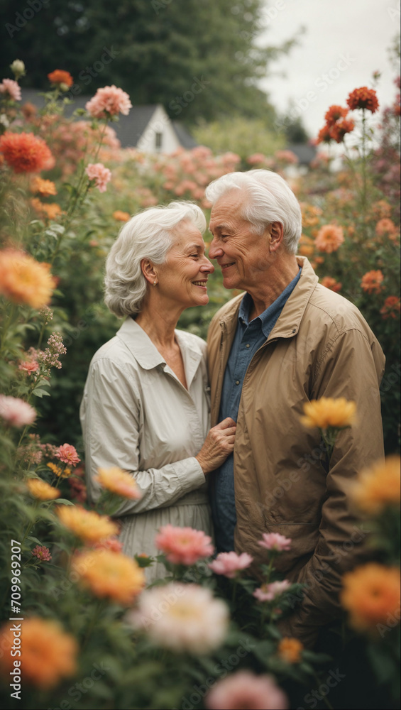 AI generated illustration of a loving elderly white couple surrounded by flowers AI generated illustration of a loving elderly white couple surrounded by flowers
