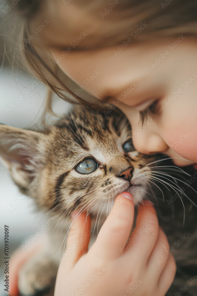 Cute little tabby kitten on the little girl's hands.
