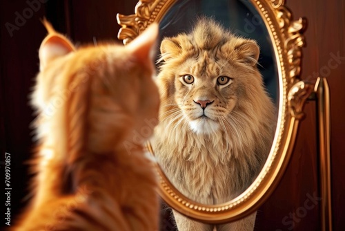 Cat looking at mirror and sees itself as a lion.