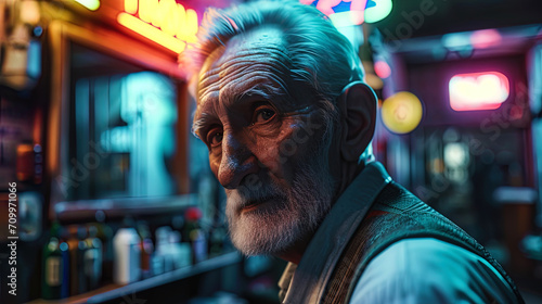 An elderly gentleman with a creative hairstyle in a bright barbershop, where neon signs give his t © JVLMediaUHD