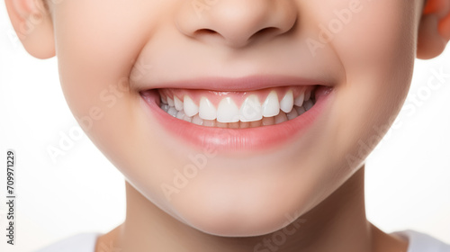 close-up portrait photo of a charming young boy smiling  showcasing his clean teeth  designed for a dental advertisement. stylish hair. Isolated on a white background