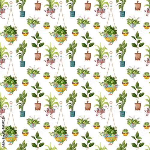 Seamless pattern. Houseplant and macrame plant growing in pots. Set of handmade home decorations macrame plants isolated on white background. Cartoon flat illustration.