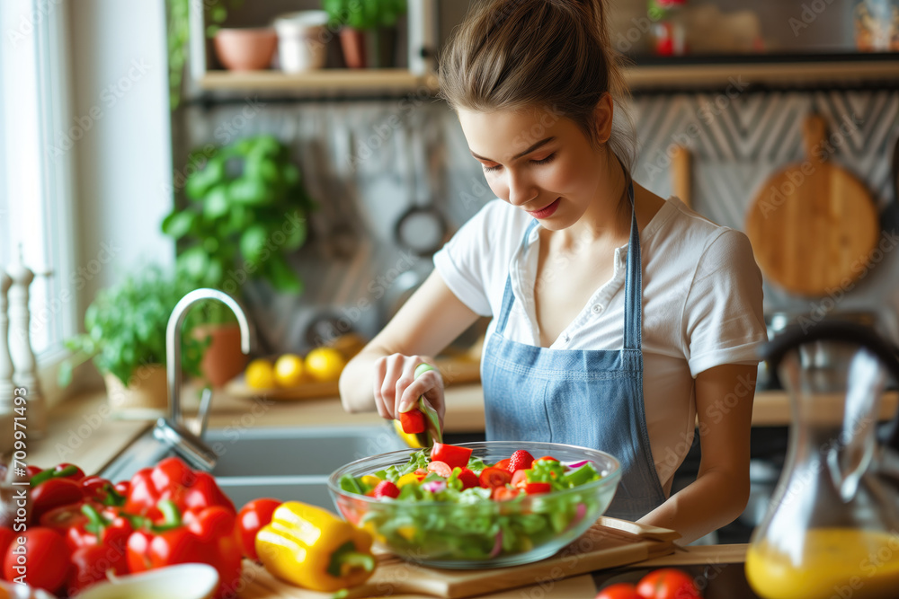Young female in a modern kitchen, preparing fresh vegetarian salad