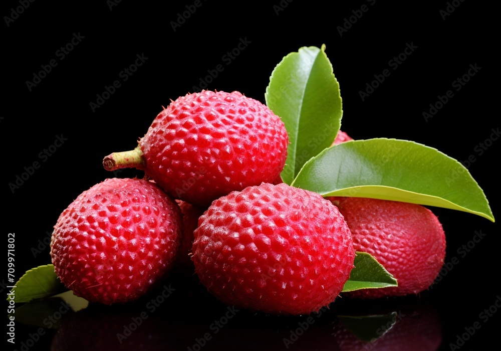 Fresh lychee fruits with leaves isolated on a black background. Fresh lychee fruits with leaves isolated on a black background.