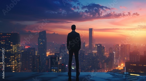 Confident businessman standing on the building rooftop while looking at the silhouette of cityscape at dusk time