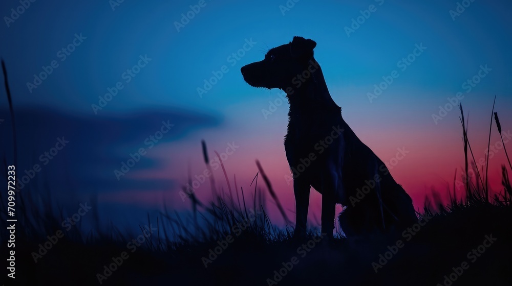 Dog silhouette in evening blue hour light Dog silhouette in evening blue hour light