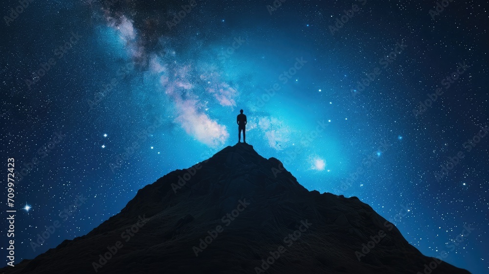 man on the mountain peak at starry night. Silhouette of alone guy, blue sky with bright stars in summer. Galaxy.