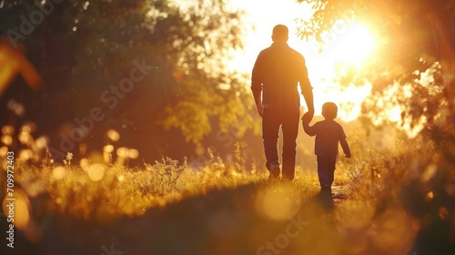 Little son, dad hold hands close up in nature in sun. Child father walk in park at sunset, family trust concept. Parent, kid boy outing together. Adoption of child. Happy family,