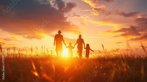 Silhouette of a family enjoying a beautiful sunset. Parenting and family lifestyle concept