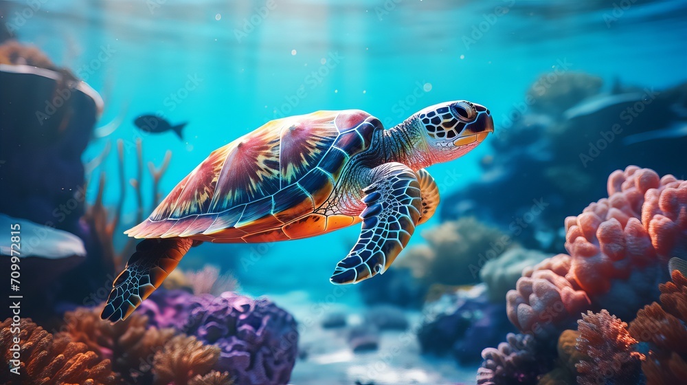 A green sea turtle swimming in a beautiful blue ocean reef at an island with fishes, seaweed and corals A green sea turtle swimming in a beautiful blue ocean reef at an island with fishes, seaweed and corals