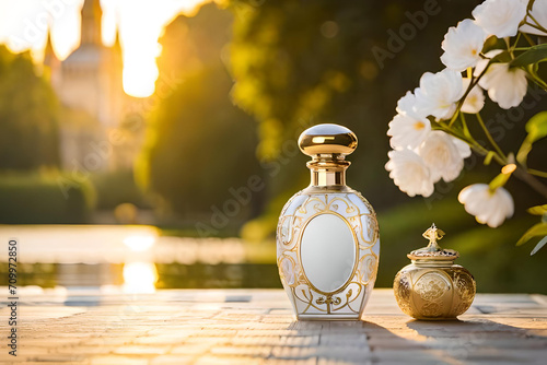 precious porcelain and golden perfume flacon , french castle garden , bokeh and sunlight background photo