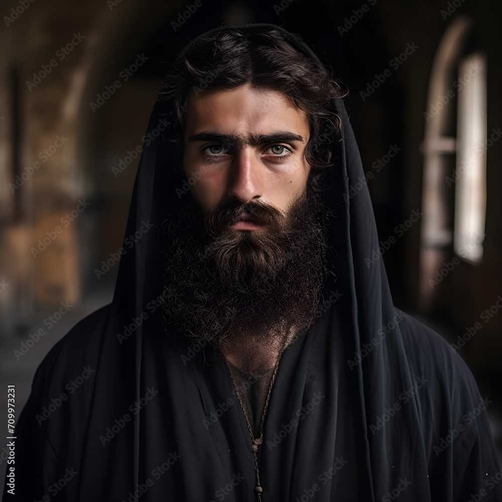 Portrait of a Biblical Character. A brunette beard man, St Peter, the Apostole. Orthodox or catholic monk. Man from the Bible, old or new testament. Portrait of a Biblical Character. A brunette beard man, St Peter, the Apostole. Orthodox or catholic monk. Man from the Bible, old or new testament.