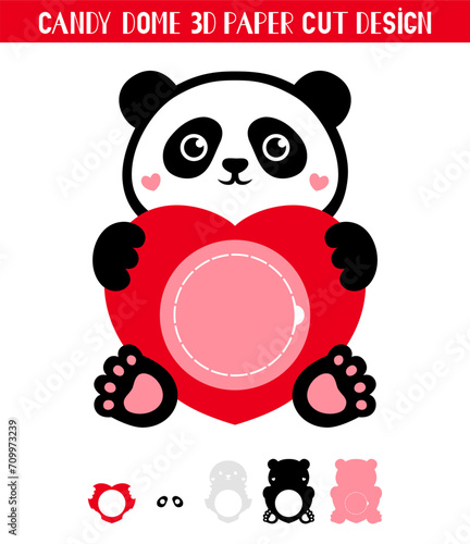 Valentines Panda candy dome holder with heart. Paper cut template. Vector illustration. Cute holiday symbol. 3D layered Valentines ornament for sweets.