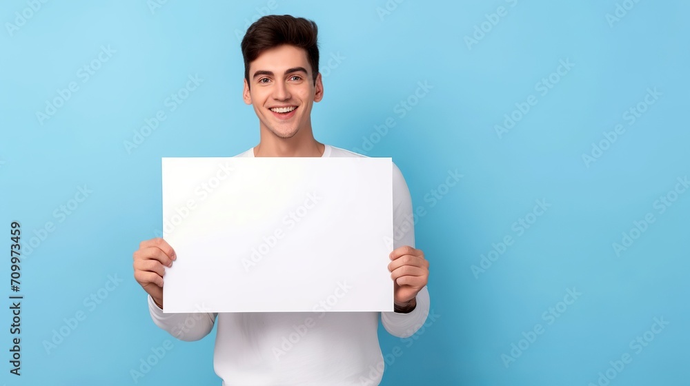 A handsome white man holding a blank placard sign poster paper in his hands A handsome white man holding a blank placard sign poster paper in his hands