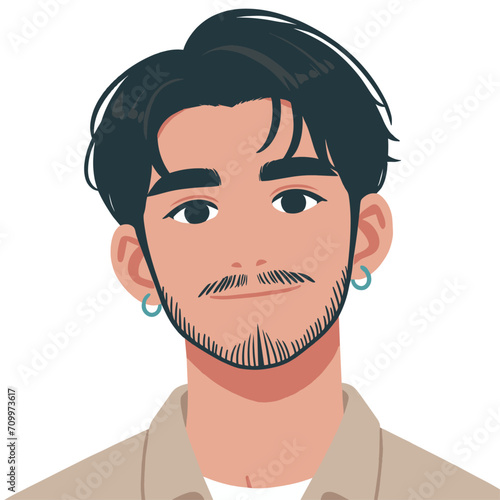 男性のベクターイラスト、イケメン、ひげ、黒髪、ピアス、フープイヤリング、笑顔