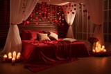 Room decorated for a Valentin's day with king size bed with pink red bedding , a lot of pillows, candles, heart shaped baloons and roses. Romantic love atmosphere background