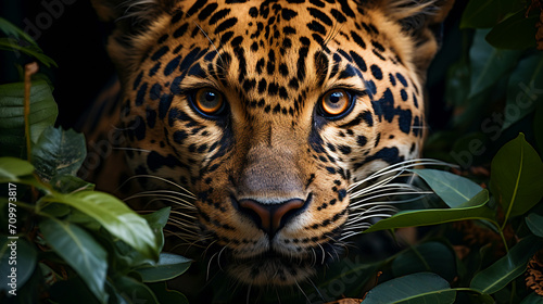 The leopard hiding in the jungle foliage © EwaStudio