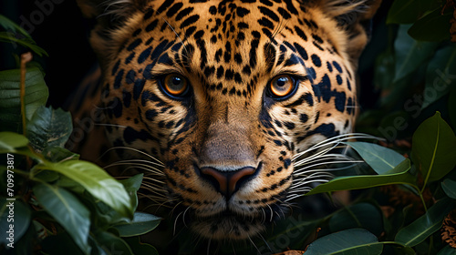 The leopard hiding in the jungle foliage