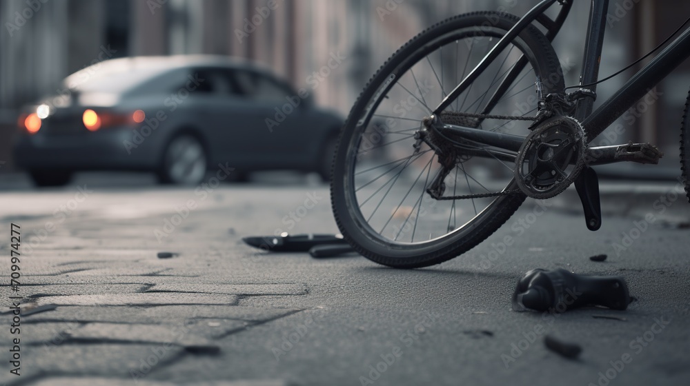 Road accident scene with destroyed bike. Bicycle crash on roadside illustration. Outdoor urban background with copy space.