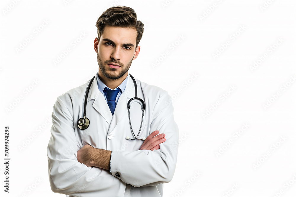 portrait of happy young male doctor arm crossed on white isolated background portrait of happy young male doctor arm crossed on white isolated background