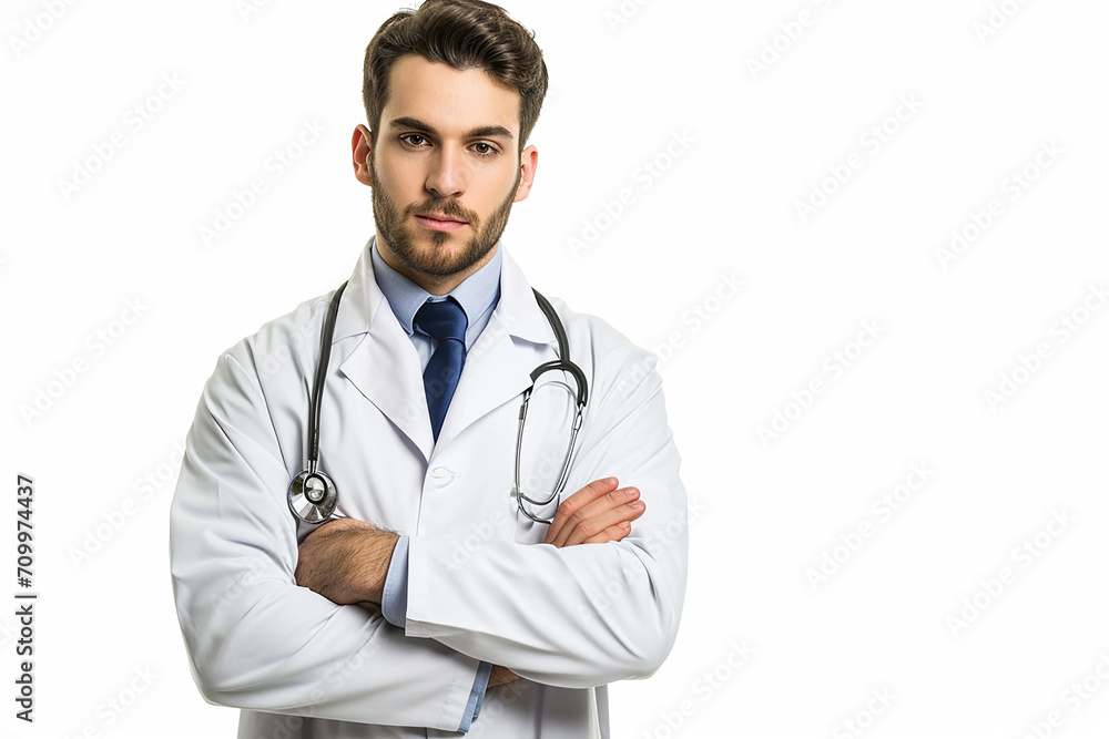 portrait of happy young male doctor arm crossed on white isolated background portrait of happy young male doctor arm crossed on white isolated background