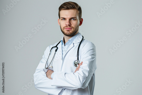 portrait of happy young male doctor arm crossed on white isolated background