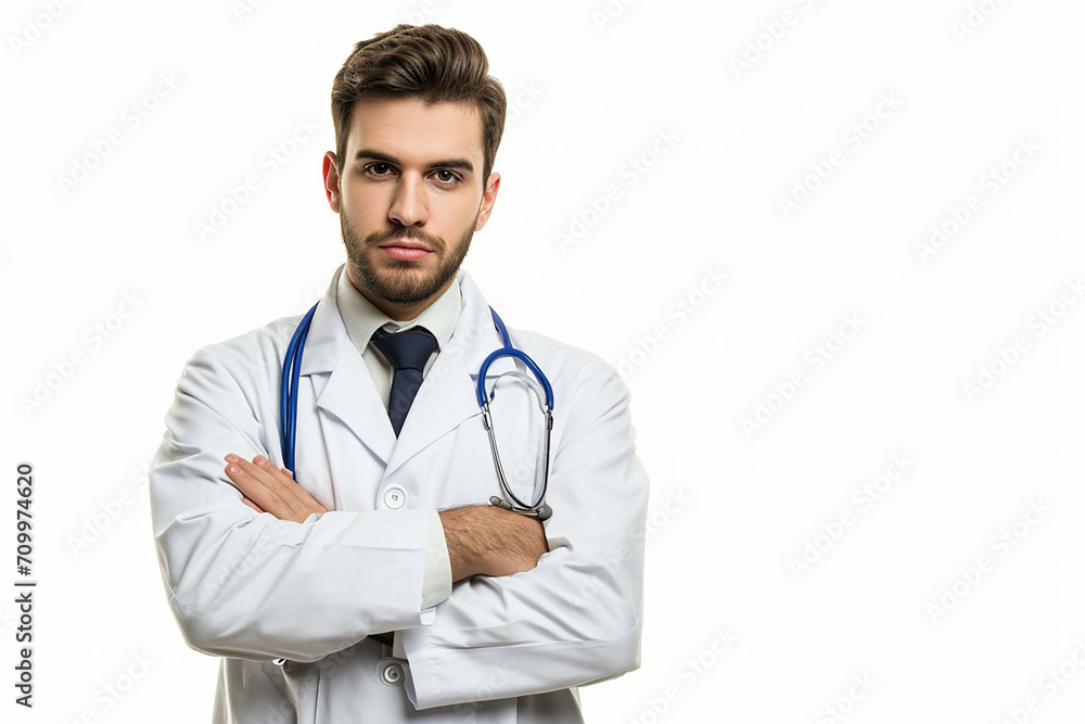 portrait of happy young male doctor arm crossed on white isolated background portrait of happy young male doctor arm crossed on white isolated background