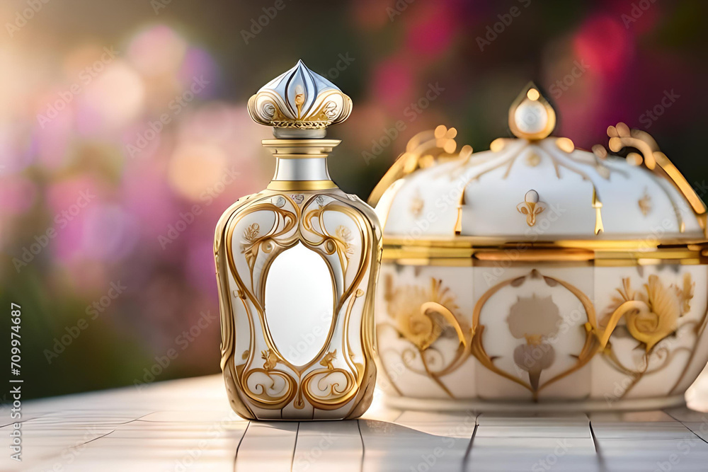 precious baroque perfume bottle in front of a french castle , luxurious perfume flacon template precious baroque perfume bottle in front of a french castle , luxurious perfume flacon template