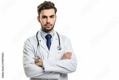 portrait of happy young male doctor arm crossed on white isolated background © Rafay