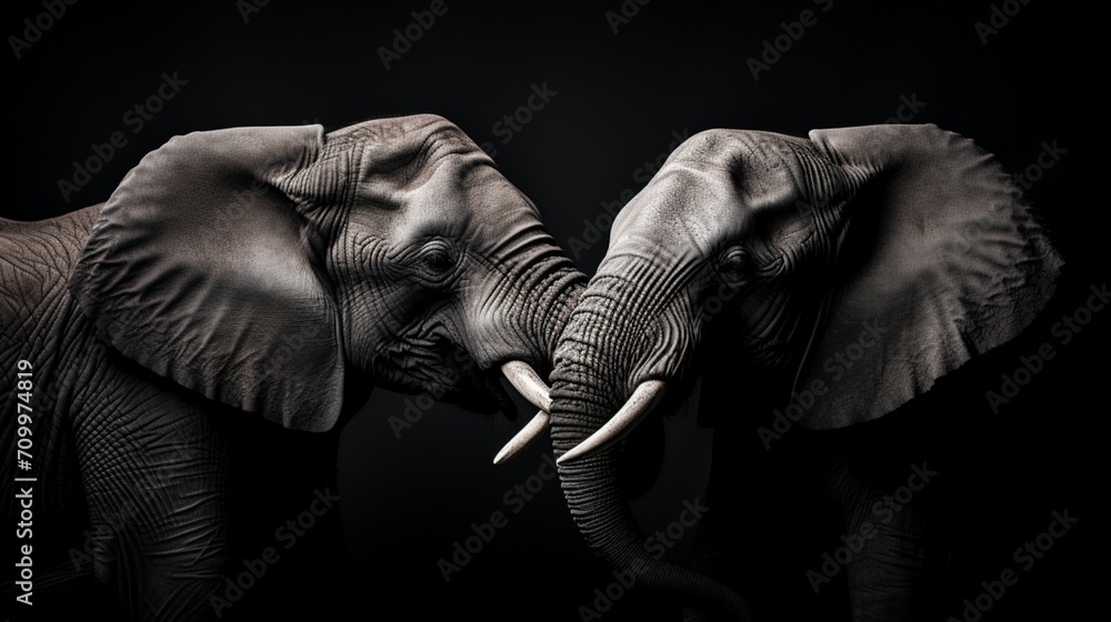 two wise elephants, their trunks entwined in a gesture of camaraderie, set against the purity of a white, unblemished background.